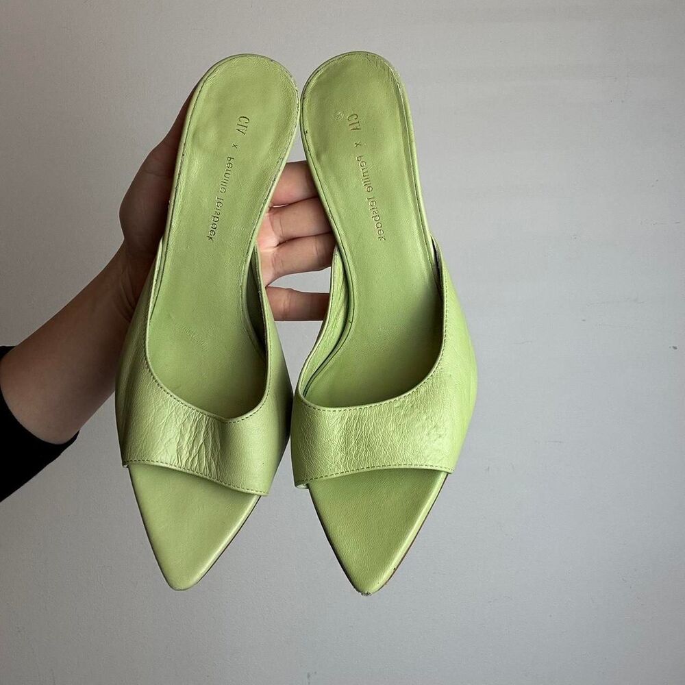 Gia x Pernille Teisbaek green leather pointed toe mules with stiletto heels